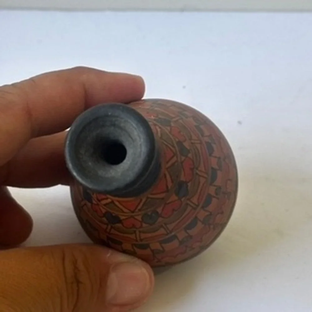 Vintage Miniature Hand Painted Pottery Vase Geometric Tribal Terracotta Black 3